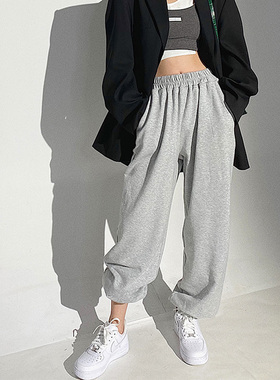 一慧同款运动裤女春秋宽松束脚ins潮牌休闲长裤女黑色高腰阔腿裤