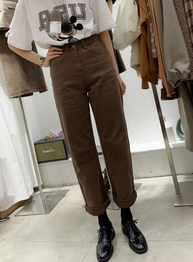 2025秋冬新款复古高腰显瘦直筒牛仔裤女韩版咖啡色百搭老爹裤子女