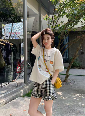 原创黑白格子荷叶边高腰宽松a字阔腿短裤女夏季木耳花边外穿热裤