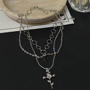 玫瑰十字架吊坠镶钻多层项链女高级感轻奢小众锁骨颈链配饰潮 法式