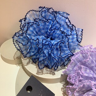 蓝色格子花边大肠发圈纱质女高级感超大号头绳丸子头发饰女潮 新款