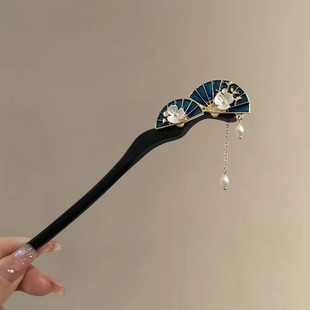 古风高级感双扇子发簪白贝花朵流苏盘发木簪子复古百搭发叉高贵潮