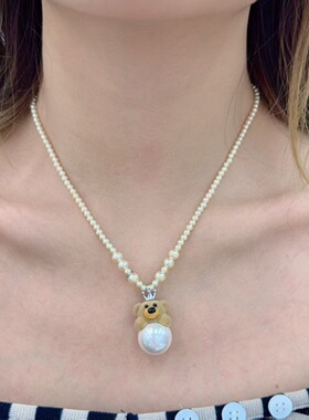 日韩可爱小熊珍珠项链女小众设计感轻奢choker 甜妹百搭锁骨链潮