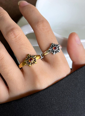 不掉色轻奢饰品古金手饰简约休闲开口925纯银戒指女指环高贵潮饰