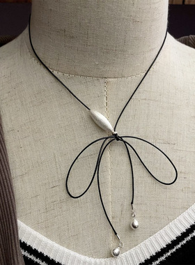 S925银喷砂米珠吊球抽拉皮绳长款项链韩版简约高级感多种搭配方式