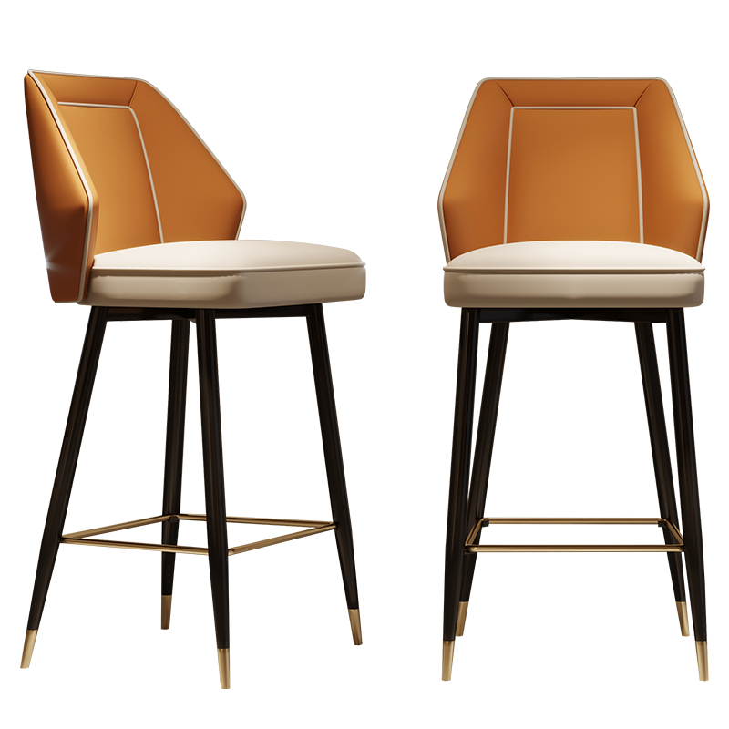 北欧轻奢真皮吧台椅意式高脚椅凳橙色舒适网红酒吧椅简约岛台坐椅