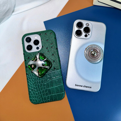 TRstudio原创设计戒指支架手机壳复古质感风ins老钱风皮质琉璃拉手壳适用于iphone17promax16银色电镀皮质壳