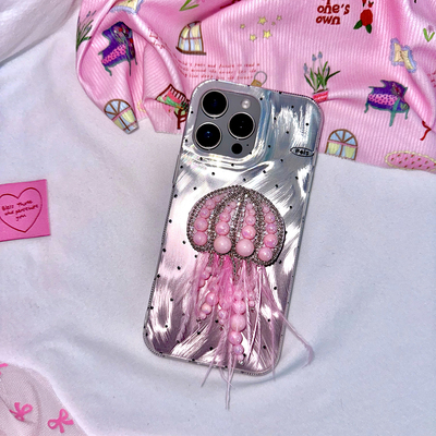 TRstudio手作设计串珠珍珠羽毛水母支架手机壳羽纱幻彩波点壳粉色氛围感少女心渐变适用于iphone17promax16