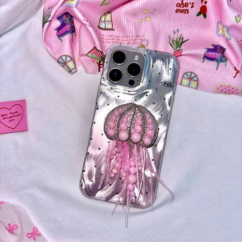 TRstudio手作设计串珠珍珠羽毛水母支架手机壳羽纱幻彩波点壳粉色氛围感少女心渐变适用于iphone17promax16
