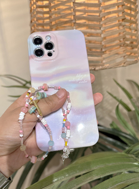 TRstudio粉色晕彩晚霞彩色珠珠手机链光面菲林手机壳硬壳手拿手机链适用于iphone1415pro13可爱ins韩风少女感