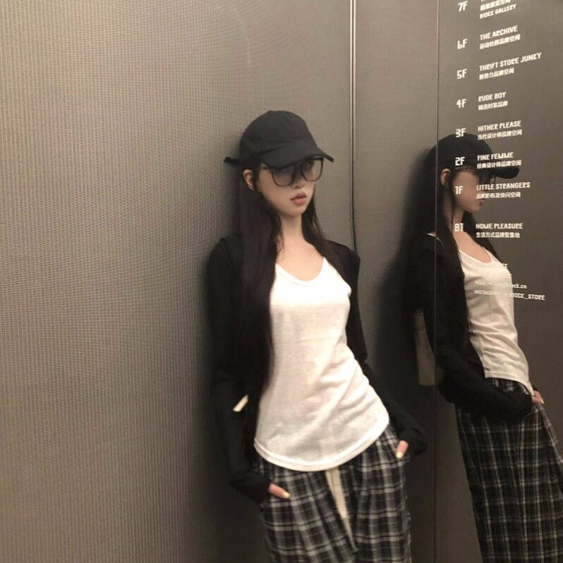 韩系慵懒风防晒针织长袖开衫小背心格子休闲裤女夏季新款时尚套装