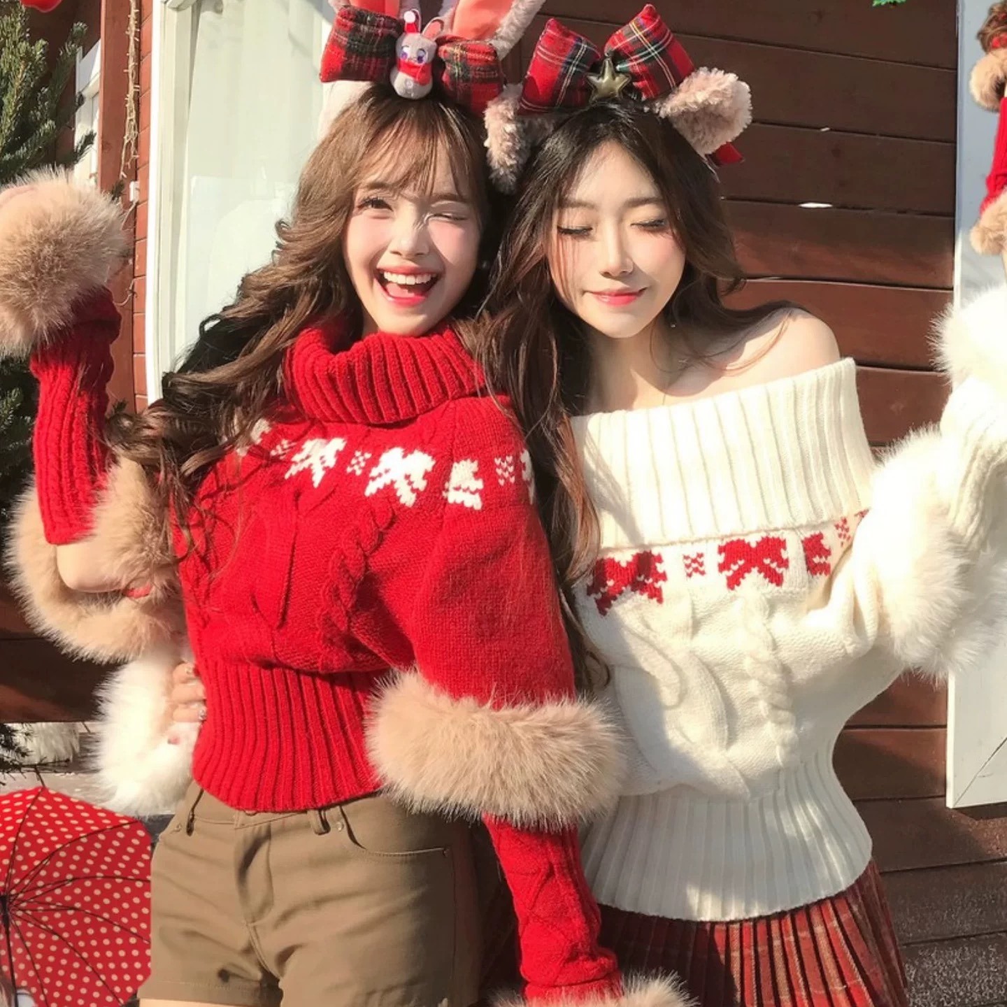 圣诞节红色毛毛针织毛衣女秋冬女