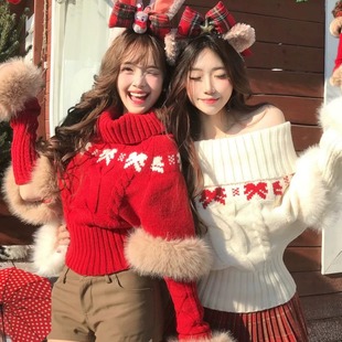 圣诞节红色毛毛针织毛衣女秋冬季加厚小个子慵懒气质宽松斗篷上衣