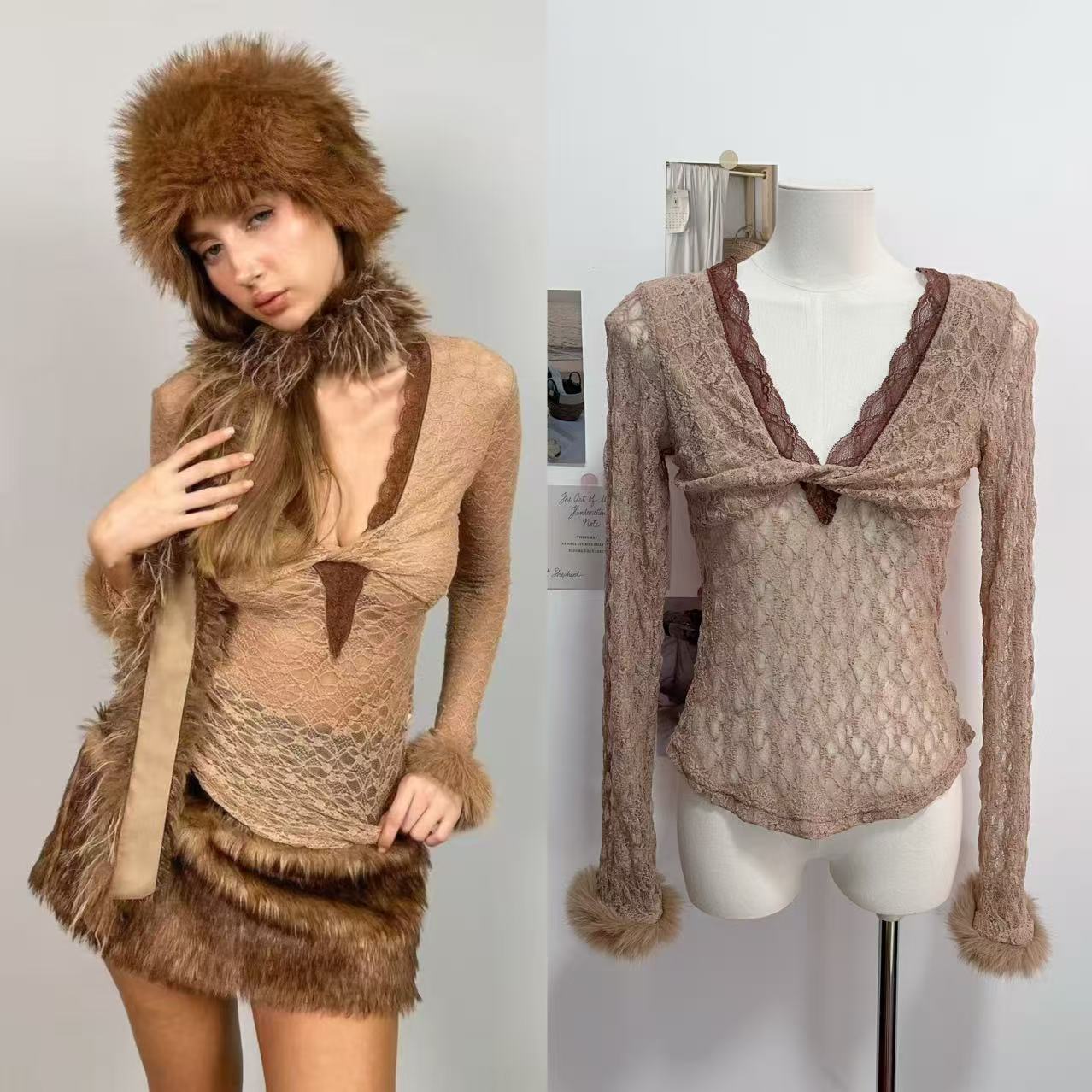 蕾丝拼接棕色毛毛袖针织衫