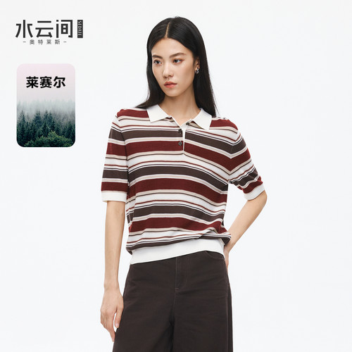 水云间美式复古条纹Polo针织短袖女显瘦学院风上衣宽松莱赛尔混纺