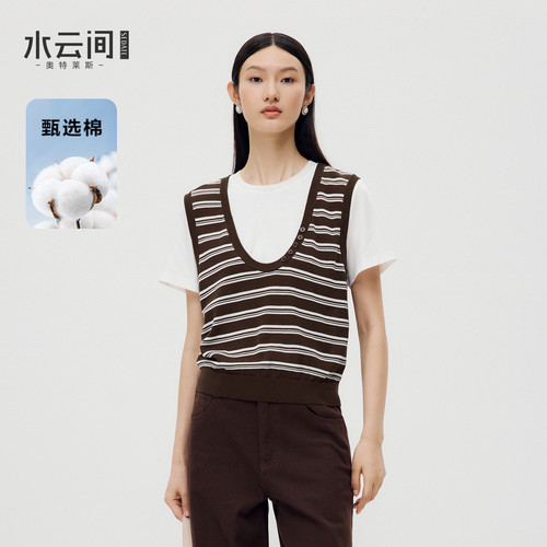水云间美式复古假两件条纹短袖T恤女U领宽松针织衫上衣学院风显瘦