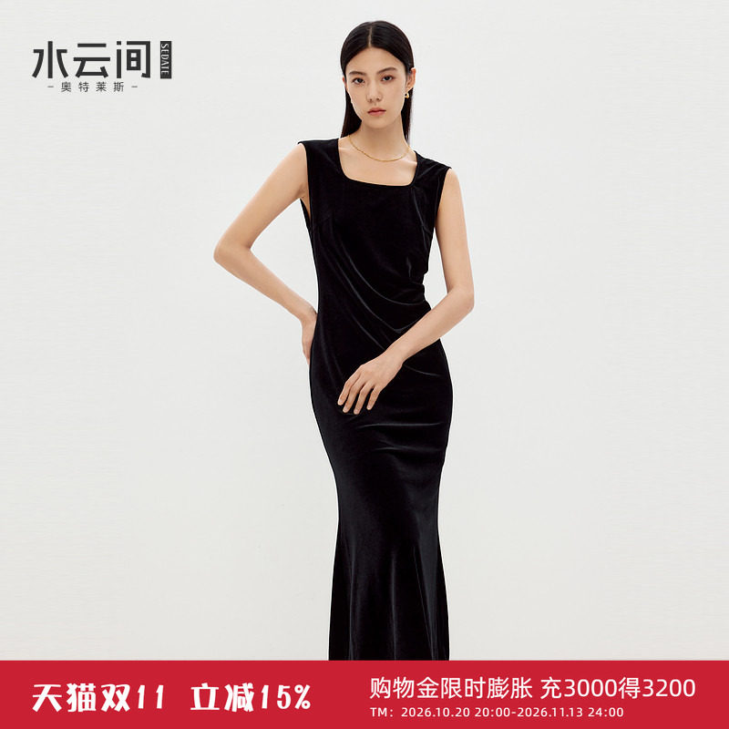 水云间黑色方领丝绒连衣裙女小鱼尾中长款宴会礼裙子设计感2026秋
