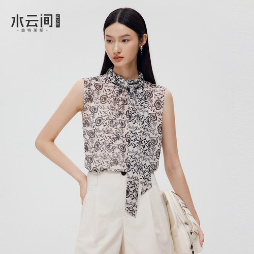 水云间黑白佩斯利印花无袖衬衫女立领飘带法式知性轻熟风通勤上衣