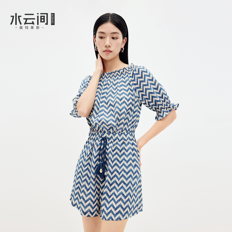 水云间蓝色条纹连体短裤女雪纺一件式套装宽松小个子2025夏季新款