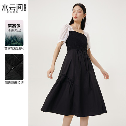 水云间法式小方领黑色连衣裙女夏季新款2025时尚拼接设计收腰裙子