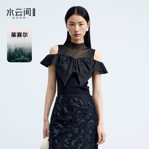 水云间黑色气质露肩针织衫女荷叶飞袖立体褶皱蝴蝶结修身显瘦上衣