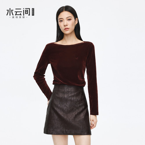 水云间复古安可拉红丝绒上衣打底衫一字领长袖T恤氛围感收腰显瘦