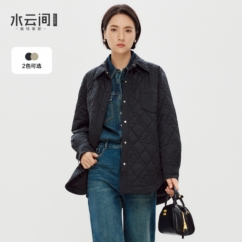 水云间棱形绗缝薄款棉服外套女翻领衬衫长袖宽松上衣2025秋冬新款