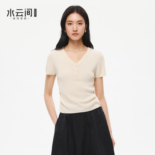 【极简通勤】水云间修身正肩短袖毛针织衫女v领显瘦上衣高智感夏