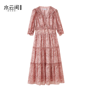 水云间粉色碎花连衣裙女收腰雪纺蛋糕裙海边夏日氛围感假日花园风