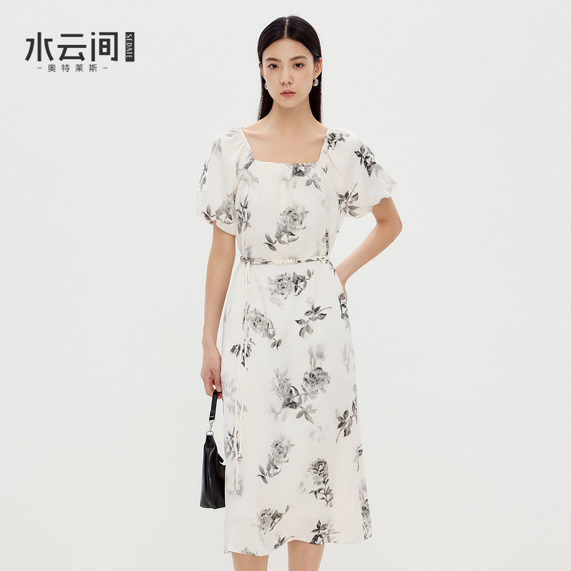 水云间中国风印花方领连衣裙女泡泡袖浅色a字中长裙子雪纺2025秋