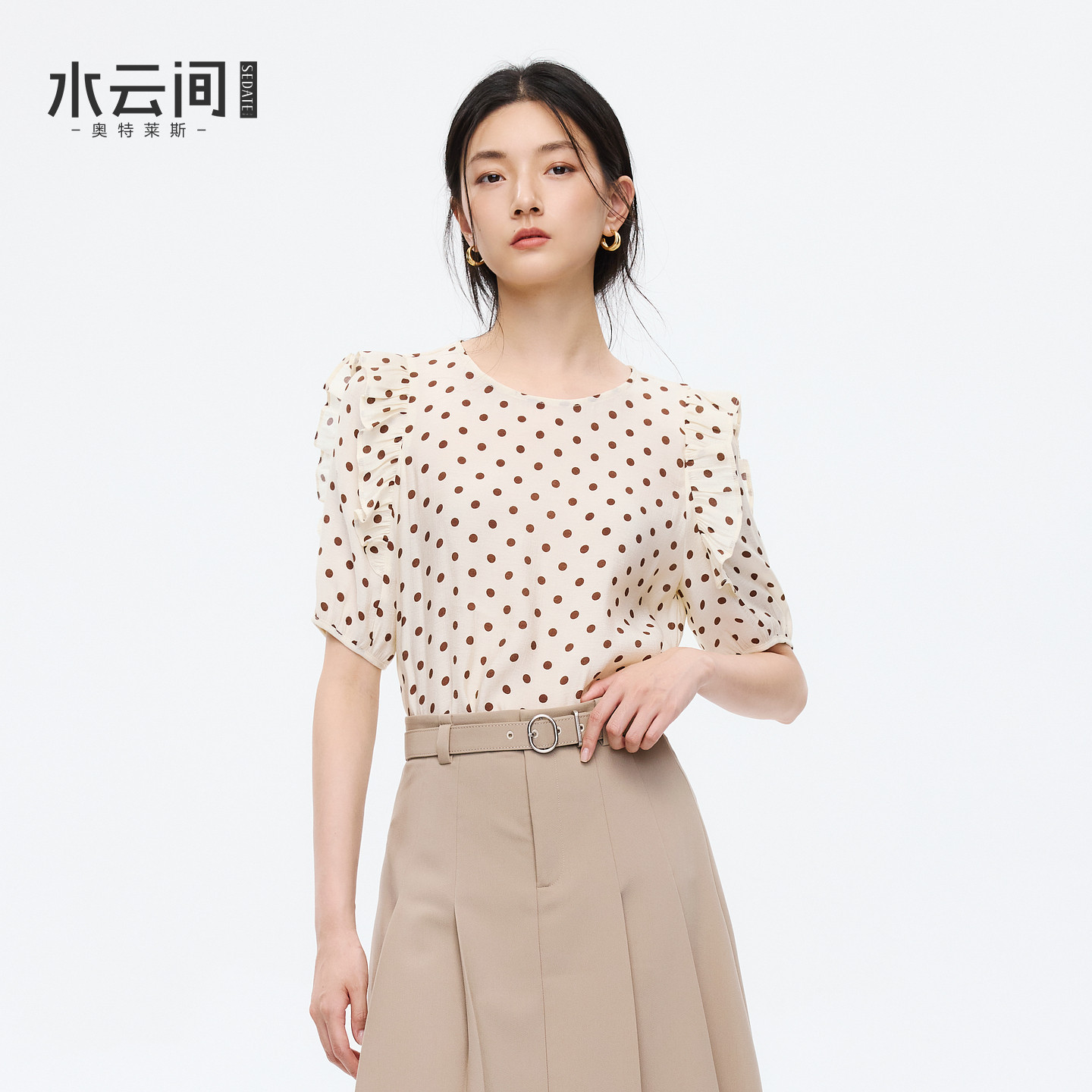 水云间波点泡泡袖雪纺衫上衣女圆领宽松短袖温柔知性风2026夏新款图片