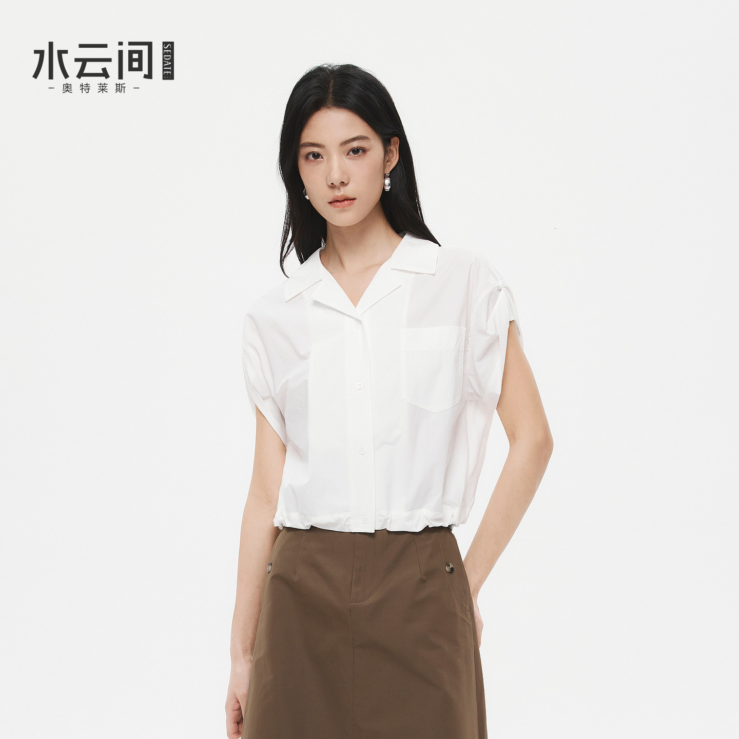水云间白色古巴领短袖衬衫女休闲工装风短款衬衣廓形2026夏季新款图片