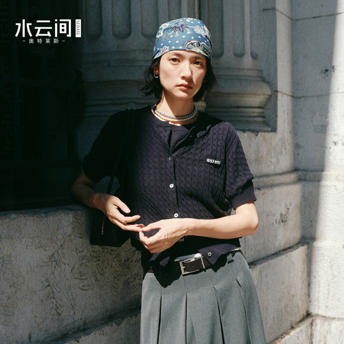 水云间复古麻花短袖针织开衫女棉麻混纺上衣基础通勤2026秋季新款