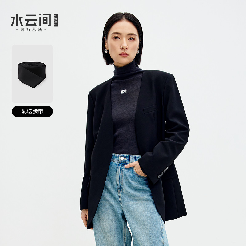 水云间黑色无领小西装外套女式职业通勤西服时尚cleanfit极简穿搭图片