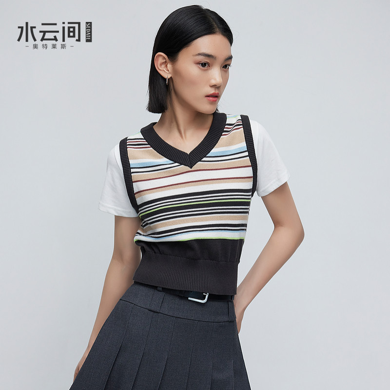 水云间彩色条纹毛针织衫假两件短袖T恤女v领外穿上衣小衫2026秋款