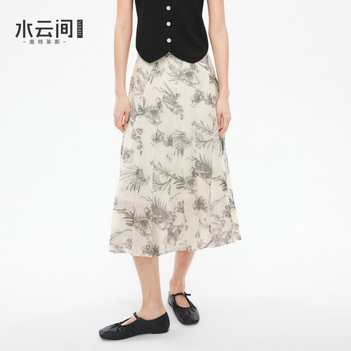 【东方柔雅】水云间国风印花半身裙女新中式压褶过膝A字长裙子