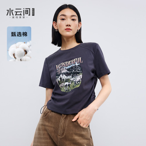 水云间短袖T恤女深灰色美式印花短款正肩上衣夏日音乐节穿搭2026