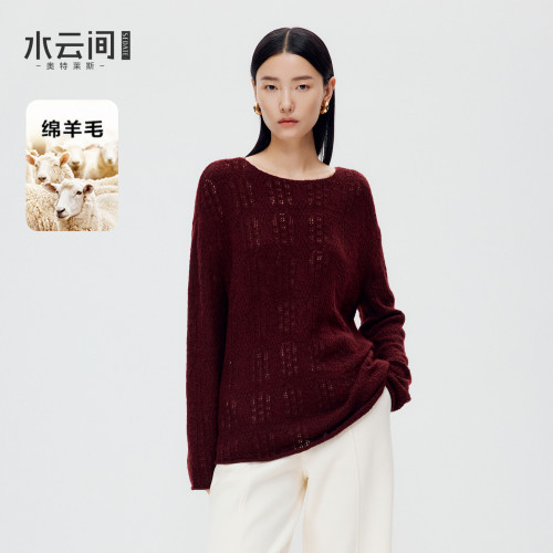 【休闲假日】水云间酒红色毛衣女镂空羊毛混纺罩衫针织衫上衣宽松