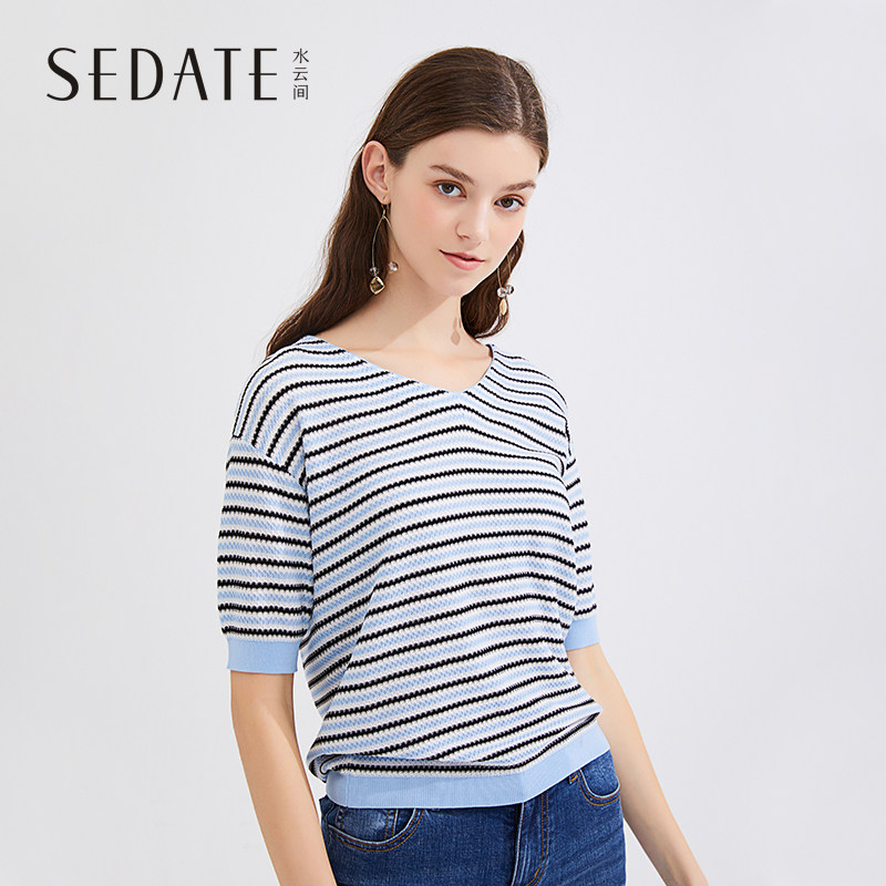 【商场同款】水云间蓝白黑条纹毛针织衫2020夏季新款宽松显瘦毛衣