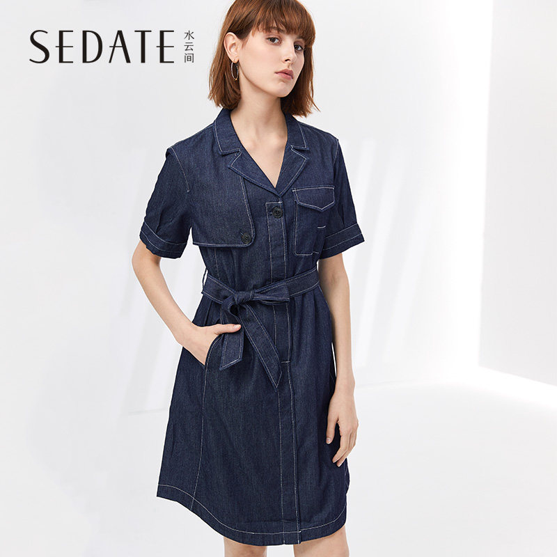 水云间牛仔裙夏季新款女装POLO领短袖纯棉连衣裙A字型大摆裙