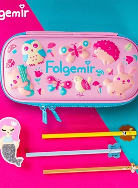 Folgemir小学生笔盒三层EVA蓝色抗摔磨卡通印花大容量儿童文具盒