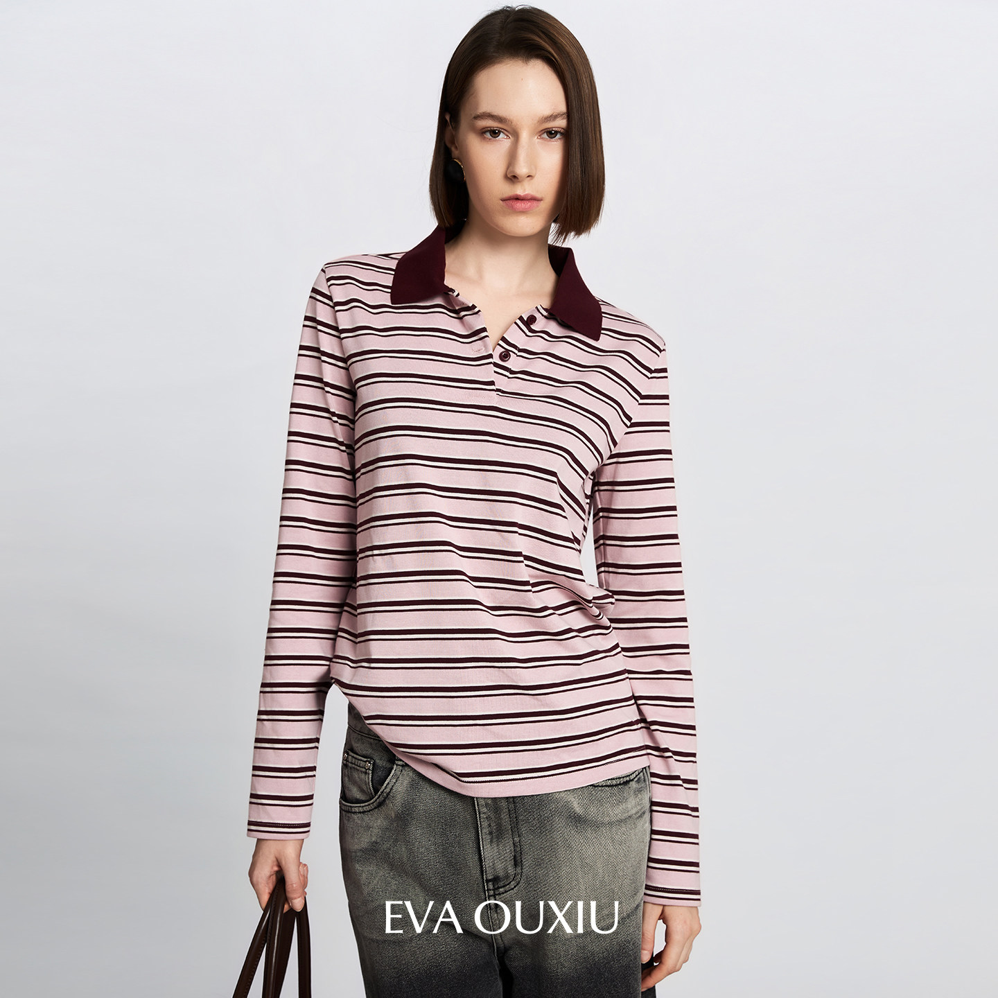 EVAOUXIU【新品】条纹T恤女POLO领宽松休闲正肩上衣韩系秋季新款,女装/女士精品,T恤,淘宝优惠券,粉丝福利购,淘宝优惠卷