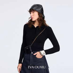 EVAOUXIU针织衫绵羊毛经典款修身显瘦气质袖口撞色羊毛衫