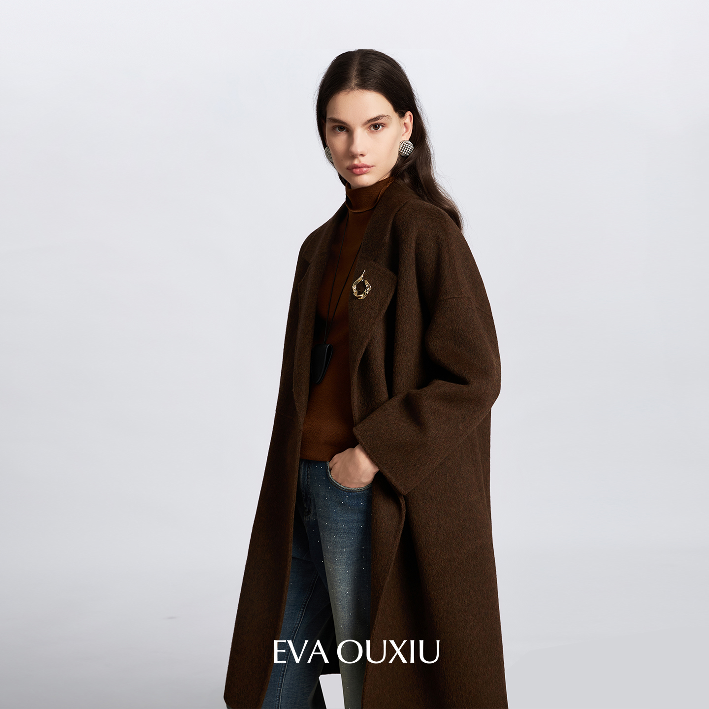 EVAOUXIU简约一粒扣翻领呢大衣