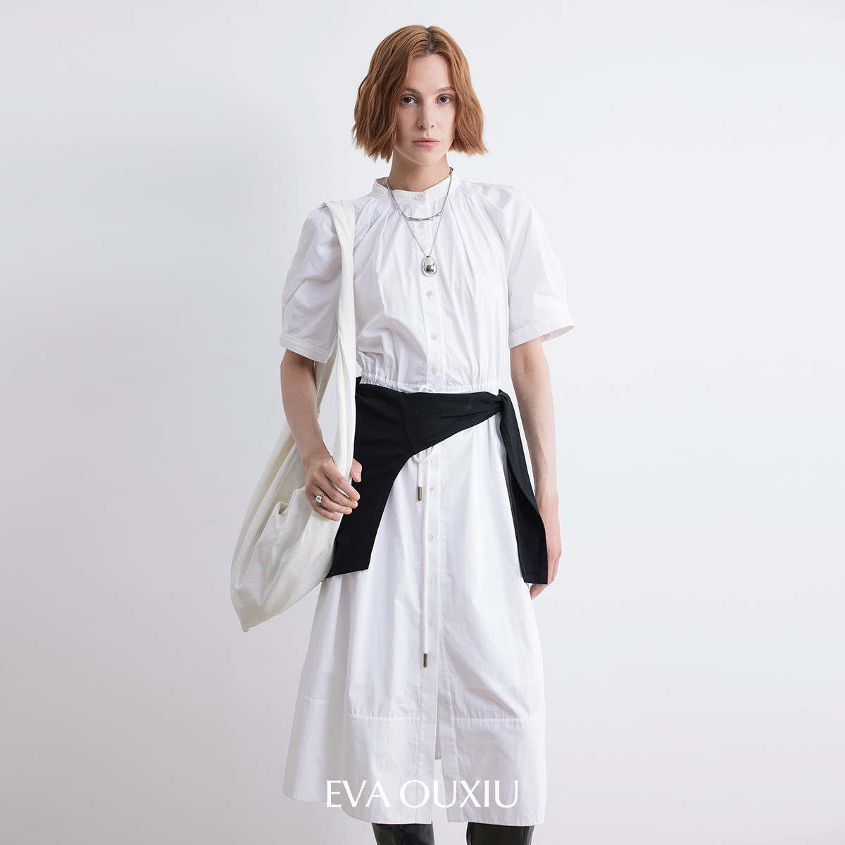 EVAOUXIU商场同款夏高支棉浪漫衬衫连衣裙淡人度假衬衫小白裙女
