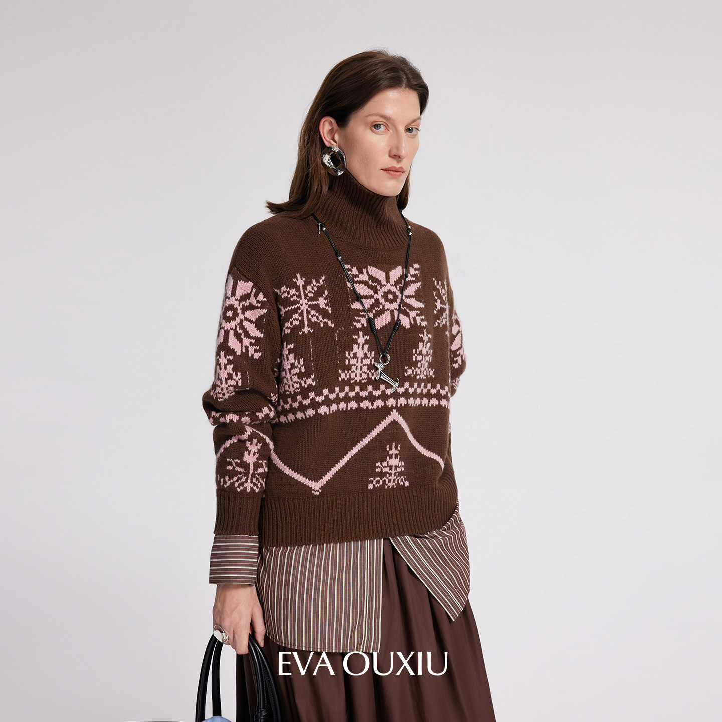 EVAOUXIU粉棕可露丽费尔岛高领毛衣女2026年春新商场同款复古毛衫,女装/女士精品,毛衣,淘宝优惠券,粉丝福利购,淘宝优惠卷