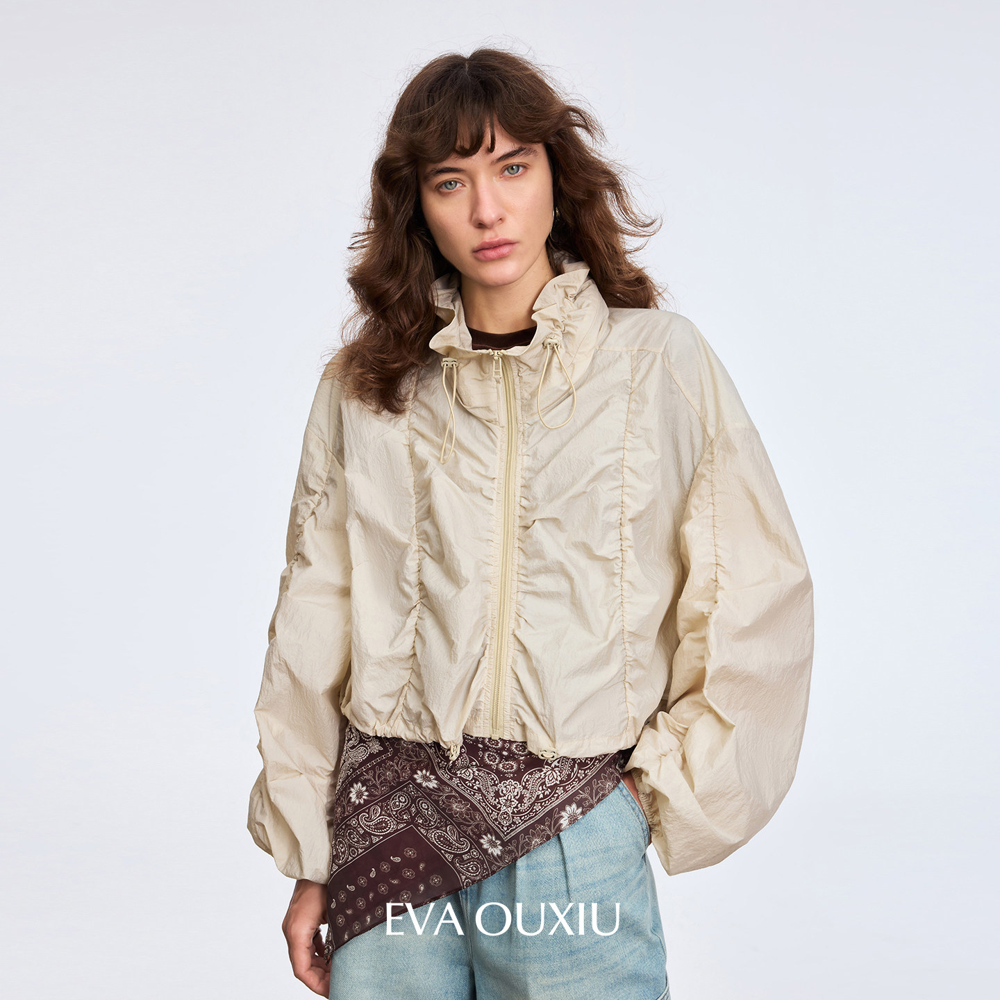 EVAOUXIU商场同款肌理感短外套2025秋季抽绳防晒服夹克宽松立领,女装/女士精品,时尚防晒服,淘宝优惠券,粉丝福利购,淘宝优惠卷