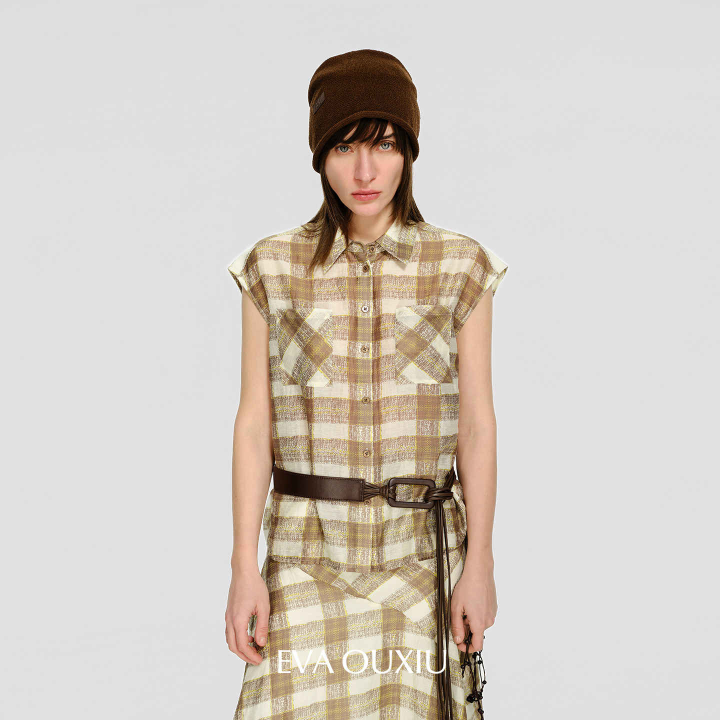 EVAOUXIU商场同款莱赛尔亚麻格纹无袖衬衫女26夏小众设计透气上衣