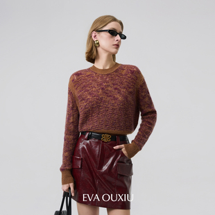 EVAOUXIU【新品】节日氛围感红色毛衣2026年春圆领绵羊毛套头毛衫