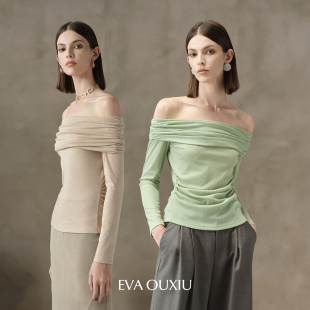 EVAOUXIU商场同款 莱赛尔天丝羊毛T恤淡人风时髦一字领露肤针织衫